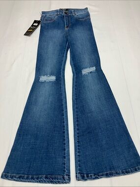 Angels Women's Medium Blue Flare Jeans with Knee Rips